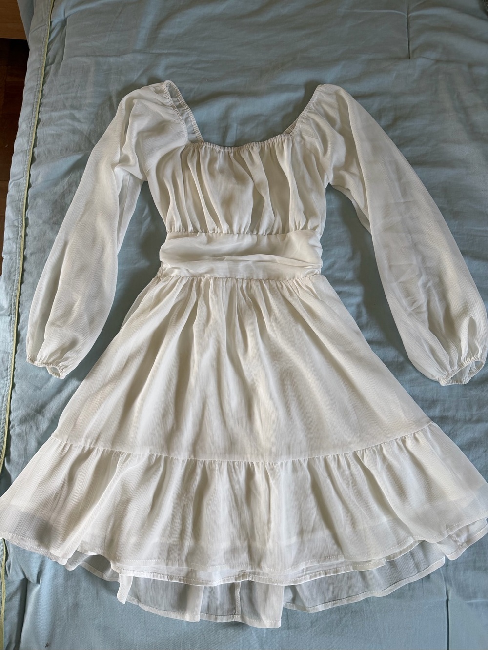 White Sheer Long-Sleeve Ruffled Mini Dress - Picture 2 of 6